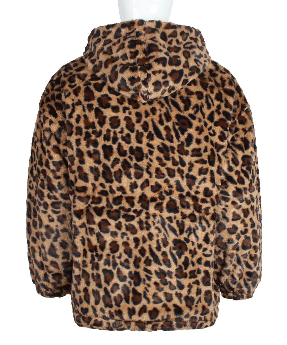 Autumn and Winter Warm Plush Leopard Print Jacket Imitation Fur Zipper Hooded Jacket for Men