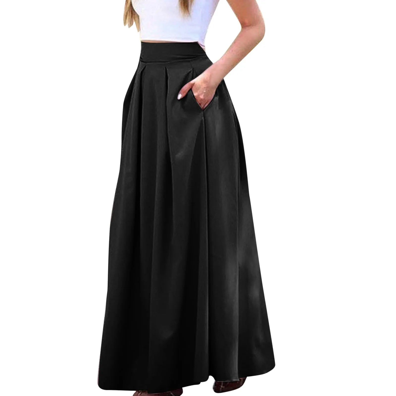 Vintage Low Rise Straight Skirts Women's Large Swing Solid Color High Waist Pleated Half Skirt With Pocket Summer Vacation Wear