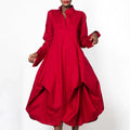 Onecozyday 2025 Stylish Women's Elegant Party Dress Solid Red Long Sleeves Stand-Collar Loose Prom Midi Dresses For Women
