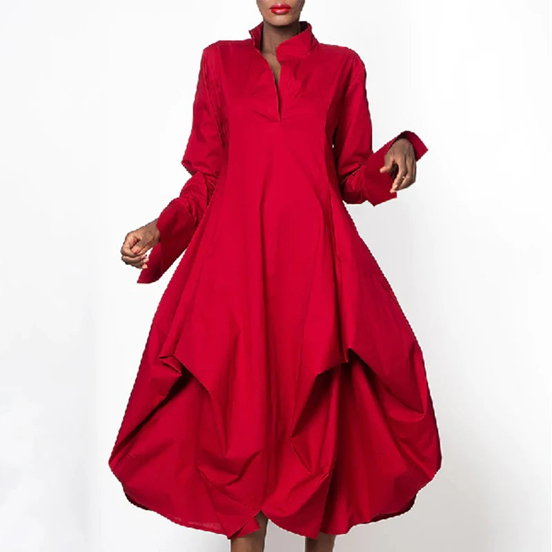 Onecozyday 2025 Stylish Women's Elegant Party Dress Solid Red Long Sleeves Stand-Collar Loose Prom Midi Dresses For Women