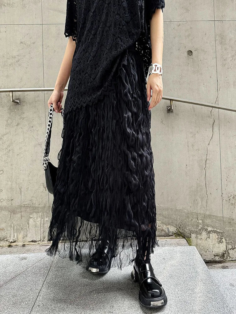 [EAM] High Elastic Waist Black Pleated Mesh Casual A-line Half-body Skirt Women Fashion Tide New Spring Autumn 2026  1DH5148