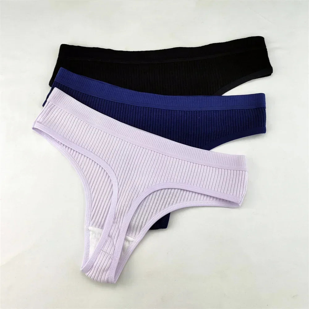 3Pcs/Set Women Thong G String Soft Ribbed Cotton Brazilian Panties Solid Color Low Rise Underwear Female Intimates Lingerie
