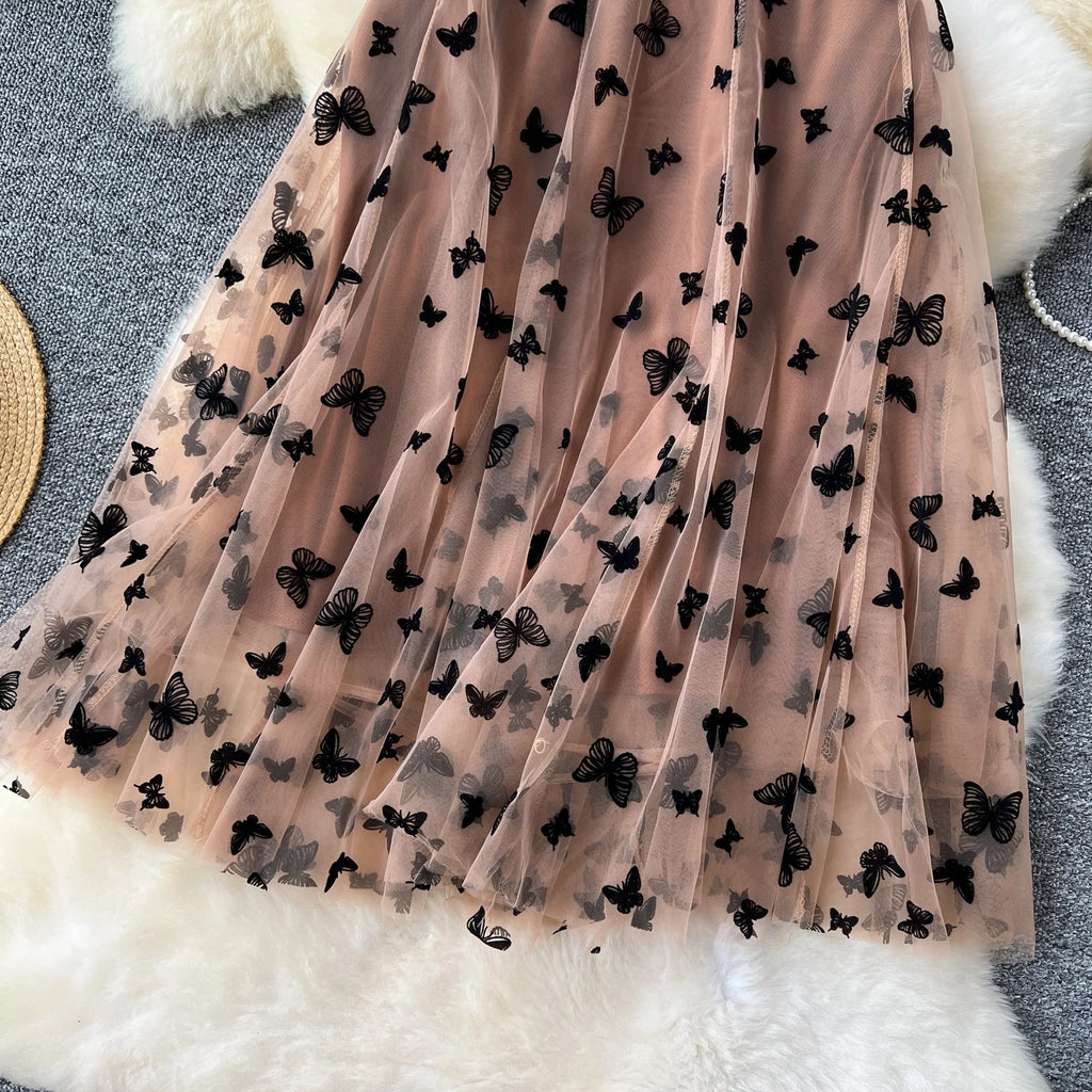SINGREINY 2024 High Qulaity Embroidery Long Skirt Ladies Elastic Waist Butterfly Print Streetwear A Line Loose Mesh Party Skirt