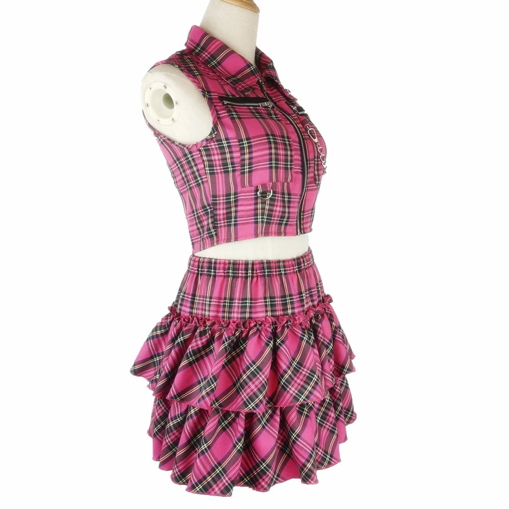 Women Pink Sexy Punk Gothic Zipper Sleeveless Suit Sweet Personality Chain Sleeveless Short T-shirt Streetwear Plaid Skirts