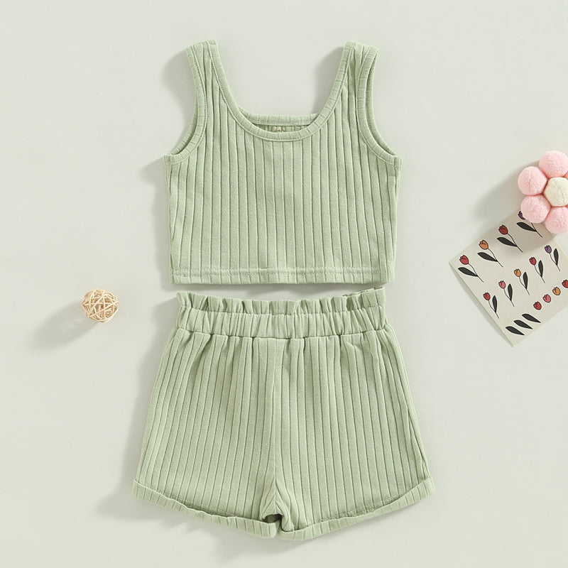 2023-02-14 Lioraitiin 0-4Years Toddler Girls 2Pcs Summer Outfit Sets Solid Button Vest Ribbed Drawstring Shorts