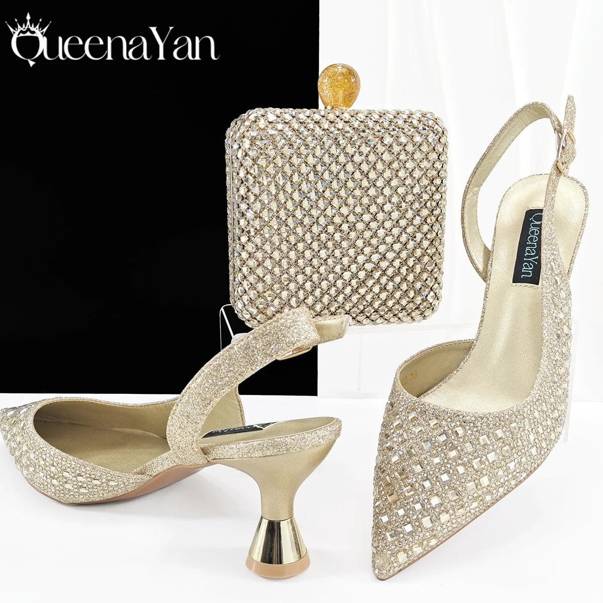 Queena Yan 2025 Italian Design Rhinestone Luxury Navy Blue Pointed Toe Shoe & Bag Set Women High Heels for Parties High Quality