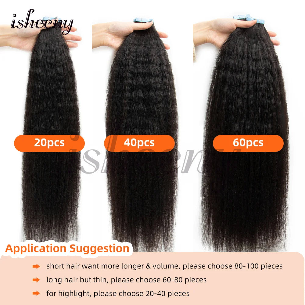 Kinky Straight Invisible Tape In Human Hair Extensions 12"-20" Natural Black Real Remy Tape Ins Hair Easy To Wea For Woman