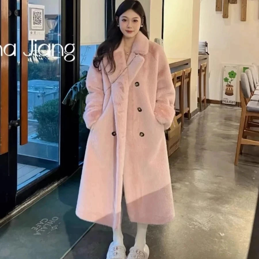 Women Winter Warm Thicken Long Fur Coat 2025 New Women Imitation Rabbit Fur Temperament Fur Coat Double-Breasted Fur Jacket