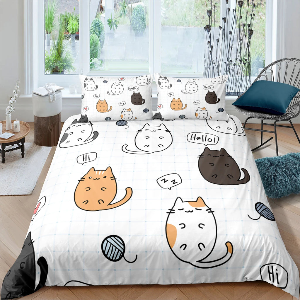 Cute Pink Pet Cats Cartoon Kitten Print Duvet Cover Pillowcase Polyester Quilt Cover for Children Women Bedroom Decoration King