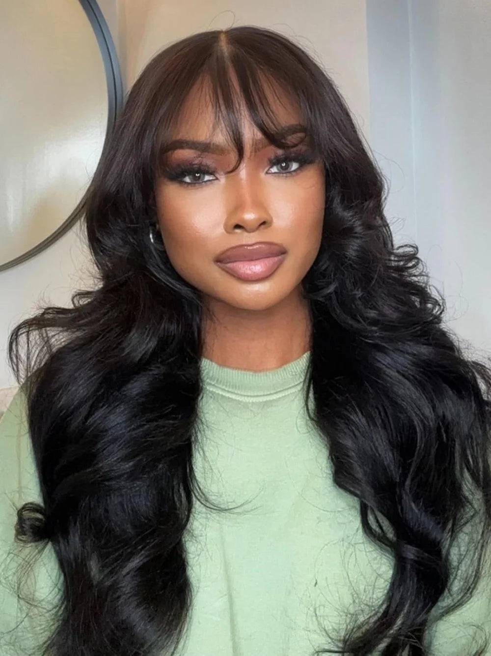Body Wave Human Hair Wig with Bangs Middle Part 3x1 Lace Frontal Wig with Bangs Brazilian Human Hair Body Wave 34 Inch for Women