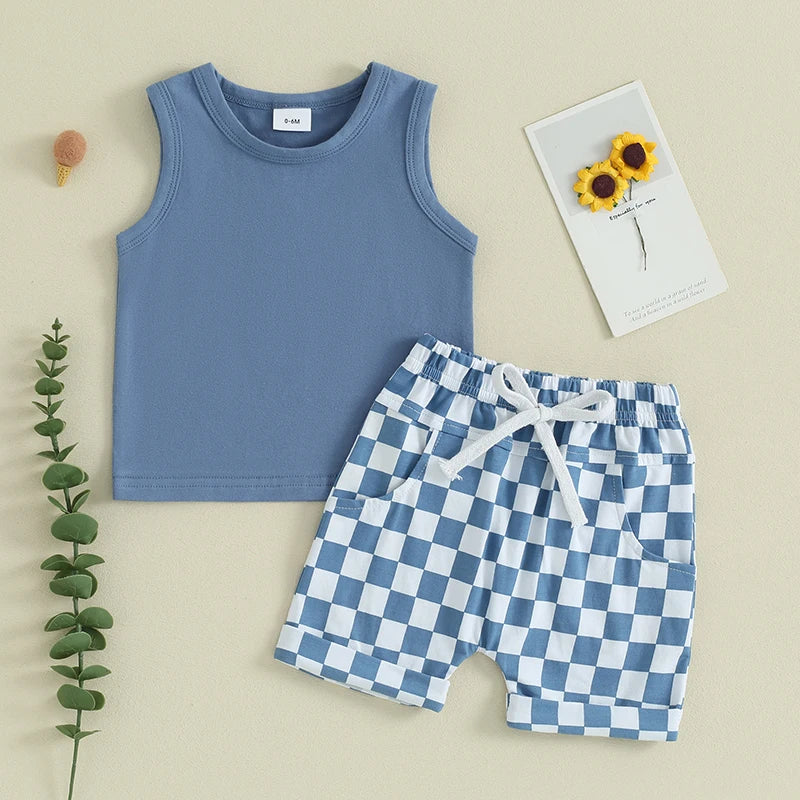 2023-12-09 lioraitiin Summer Baby Boy Clothes Solid Sleeveless Tank Top Checkered Shorts 2Pcs Outfit Set