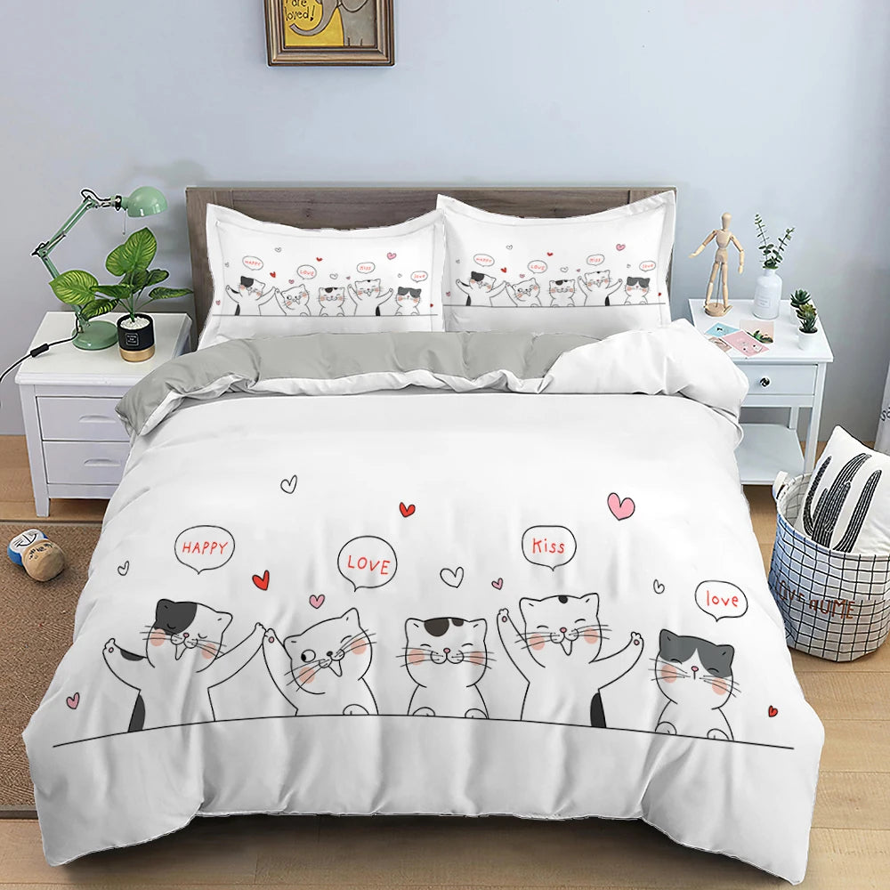 Cute Pink Pet Cats Cartoon Kitten Print Duvet Cover Pillowcase Polyester Quilt Cover for Children Women Bedroom Decoration King