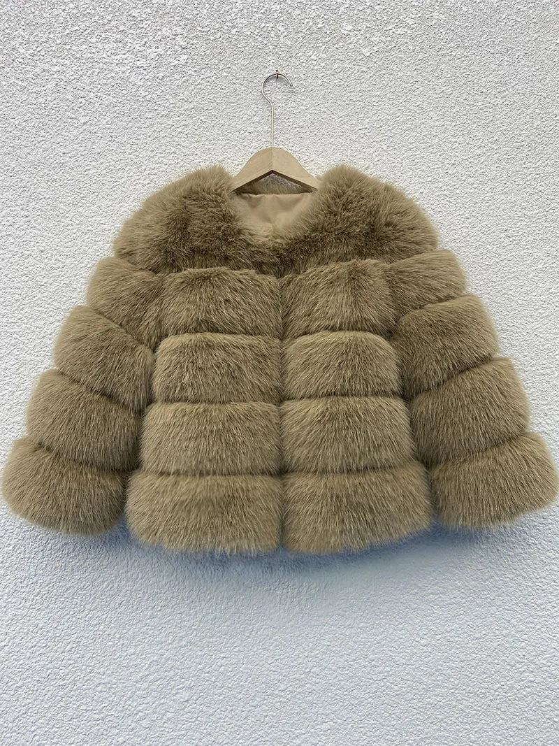 Women Faux Fox Fur Coats Zipper Short Coat Jackets Elegant Thick Warm Solid Jacket Lady Furry Outerwear Elegant Splice Winter