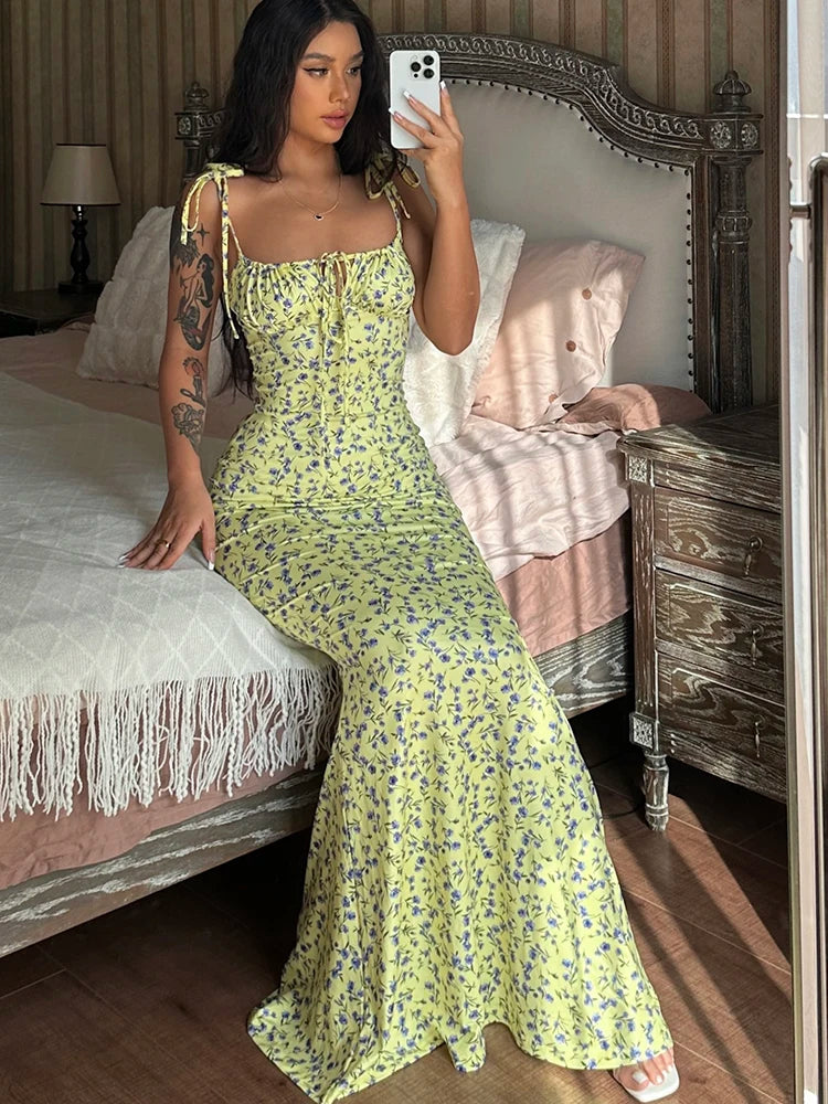 Dulzura Women Floral Print  Sleeveless Bodycon Maxi Dress Outfits Birthday Party Club Clothes
