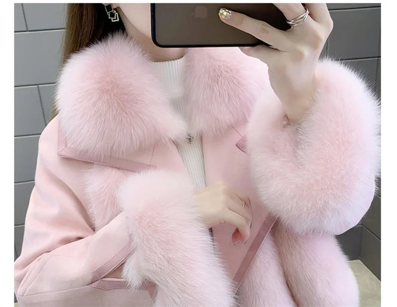 2025 Women Mid-Long Style Faux Fur Jacket Winter Female Pu Leather Splicing Fur Outwear Ladies Long Sleeve Thicken Warm Fur Coat