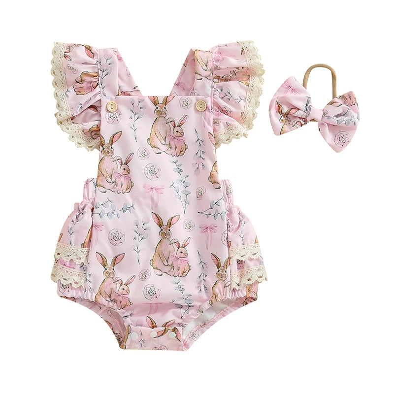 2025-01-02 Lioraitiin Baby Girls Easter Outfits Flower Bunny Print Lace Trim Flying Sleeve Spring Romper with Bow Headband Set