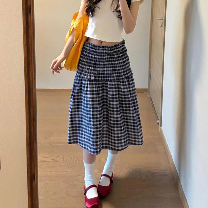 Korean Elastic High Waist Plaid Skirt Women Summer Patchwork Sleeveless A Line Dress Woman 2025 Chic Pleated Midi Skirts Female