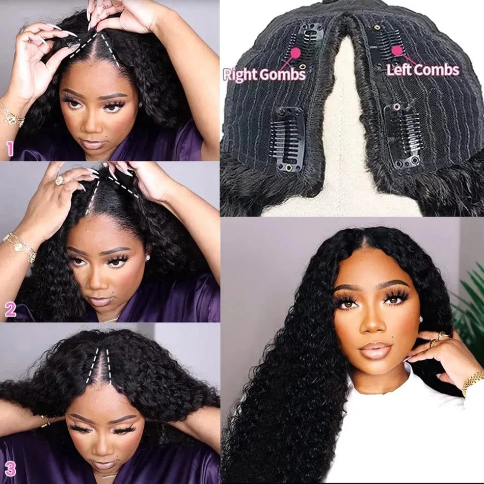 250% Half Wigs Human Hair Afro Kinky Curly Headband Wig Upgrade 3 IN 1 Half Wig With Drawstring Seamless Clip Ins Flip Over