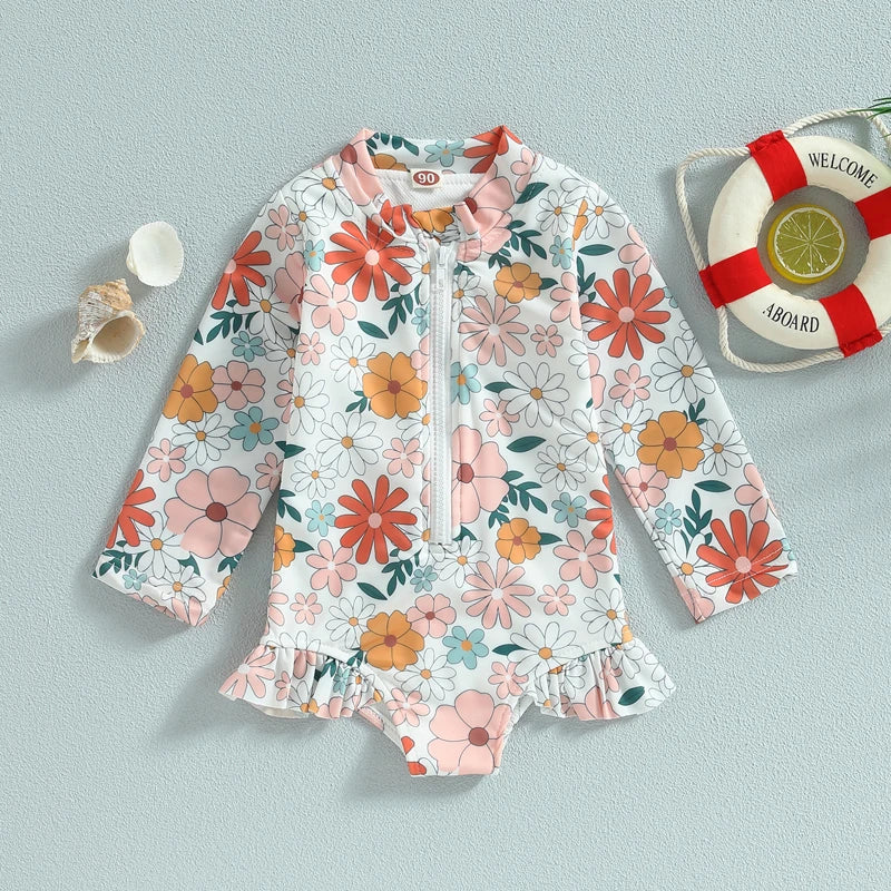 Lioraitiin Summer Kids Baby Girl Swimsuits Floral Long Sleeve Zipper Ruffles Jumpsuit Swimwear Beachwear Bathing Suits