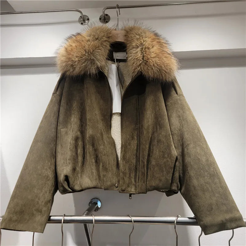 DEAT Women's Suede Coat Detachable Fur Collar Thick Plush Warm Female Short Style Jackets 2026 Winter New Fashion 29A3803