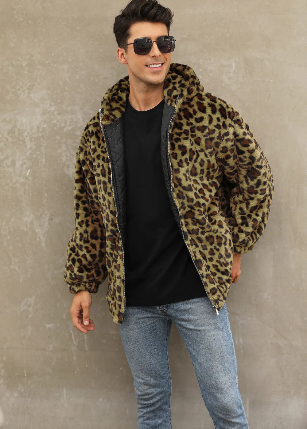 Autumn and Winter Warm Plush Leopard Print Jacket Imitation Fur Zipper Hooded Jacket for Men
