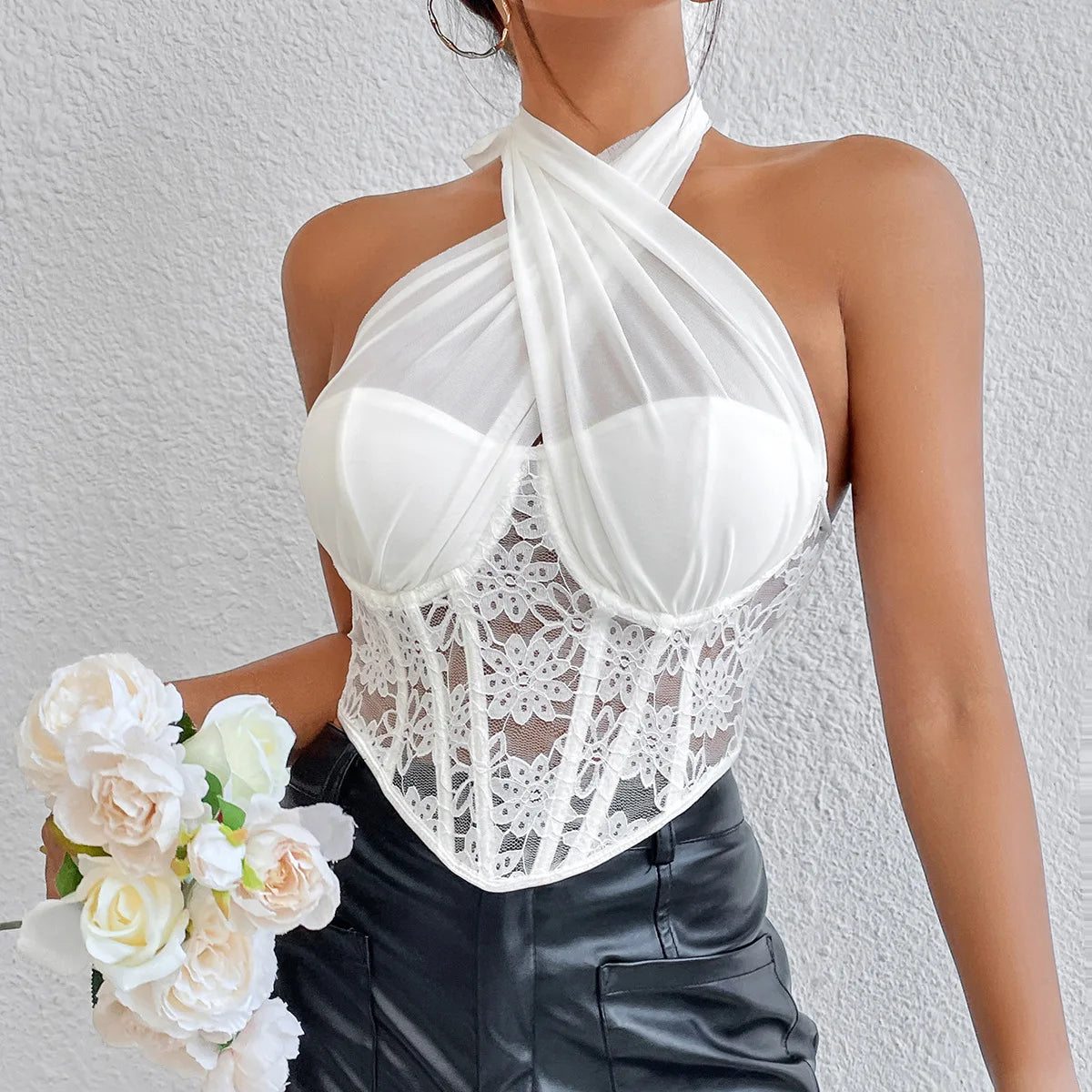 Elegant Lace Mesh Cross Halter Tank Top with Diamond Fishbone Small Vest for Women Tube Top with Lace Mesh Cross Halter Crop Top