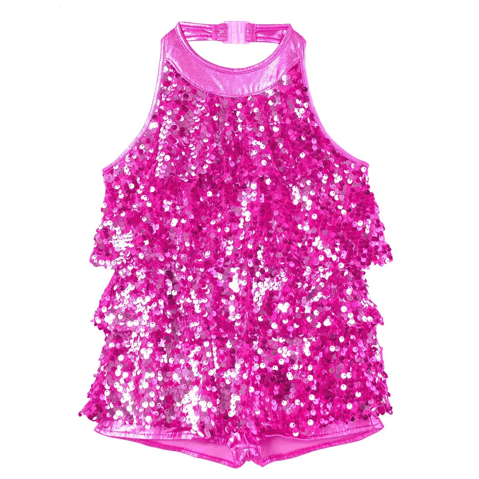Shiny Sequins Kids Girls Halter Ballet Dance Stage Performance Dress Shorty Unitard Dress Modern Jazz Latin Dancing Costumes