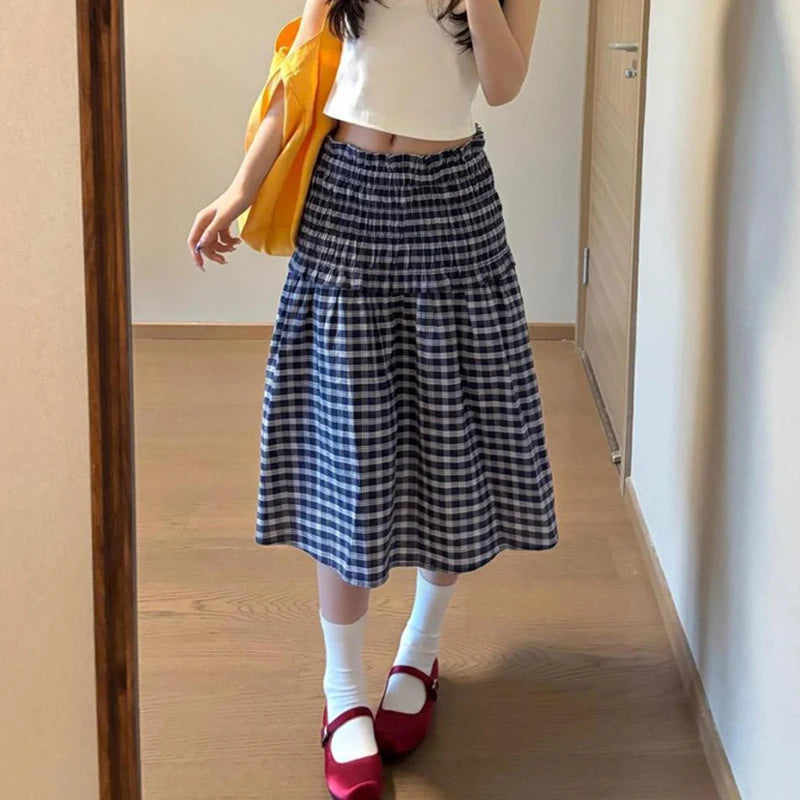 Korean Elastic High Waist Plaid Skirt Women Summer Patchwork Sleeveless A Line Dress Woman 2025 Chic Pleated Midi Skirts Female