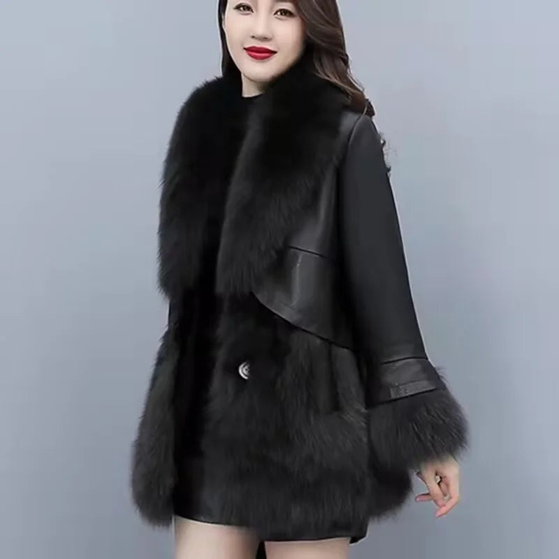 2025 Women Mid-Long Style Faux Fur Jacket Winter Female Pu Leather Splicing Fur Outwear Ladies Long Sleeve Thicken Warm Fur Coat