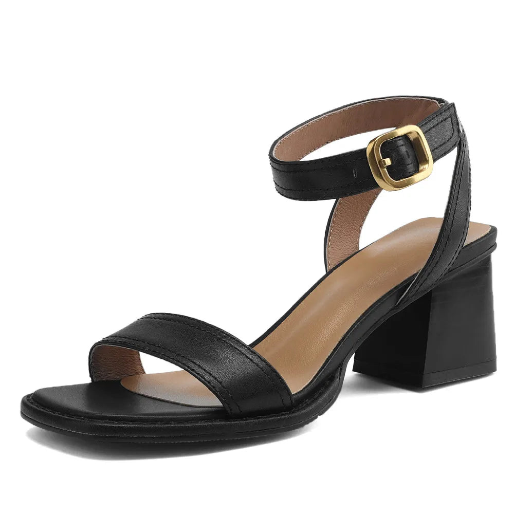 Women's genuine leather sandals narrow band ankle strap 6cm thick med heel open toe summer pumps heels casual shoes for women 42