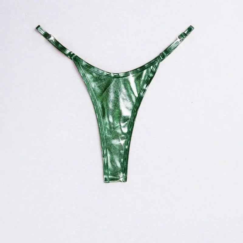 Women Adjustable Strap Thong Lady Briefs Panties G-string Glossy Triangle Shape Solid Color Elastic Mid Waist Ladies Underpants