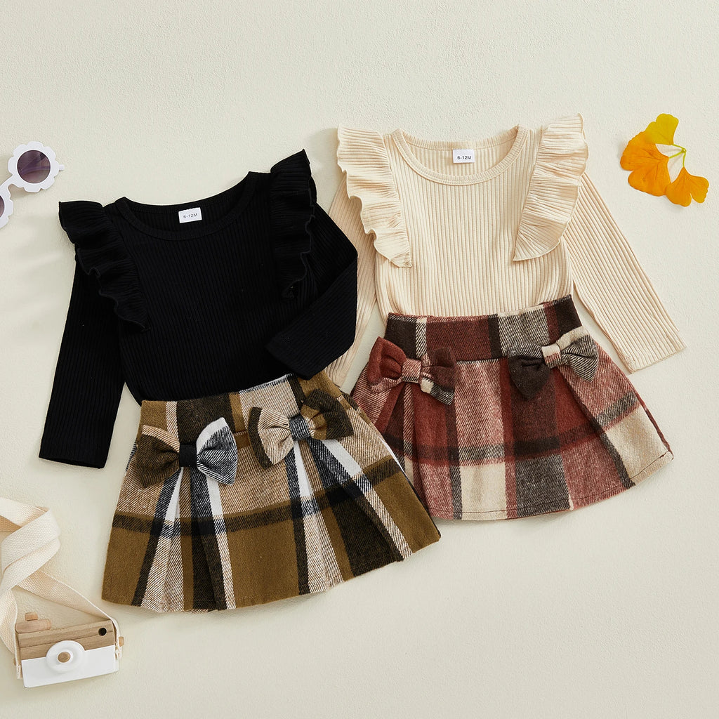 Lioraitiin Toddler Girls Autumn 2PCS Skirt Outfits Flying Sleeve Solid Color Tops A-line Plaid Skirt Set