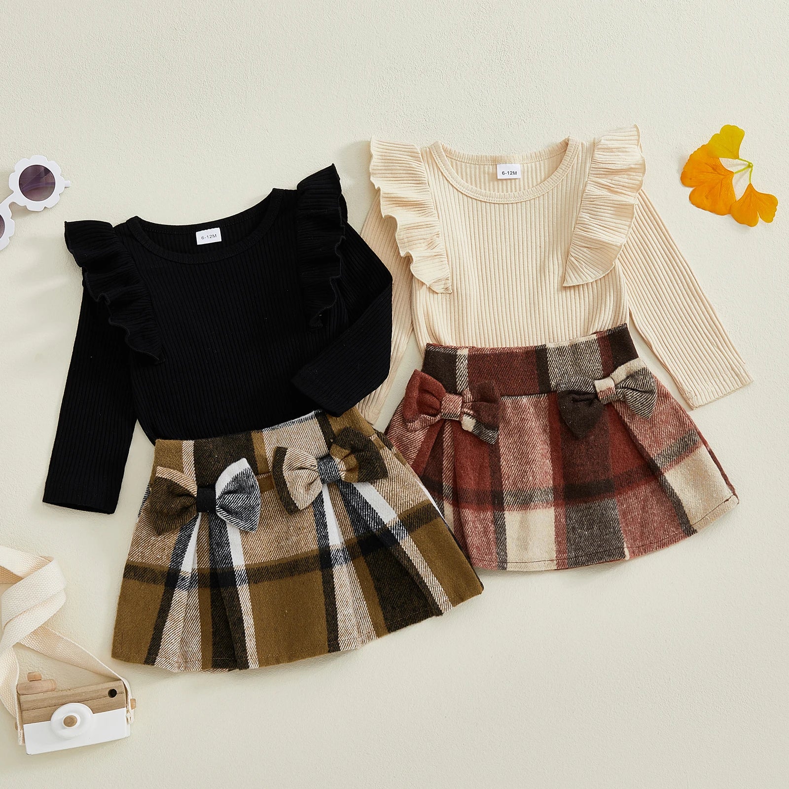 Lioraitiin Toddler Girls Autumn 2PCS Skirt Outfits Flying Sleeve Solid Color Tops A-line Plaid Skirt Set