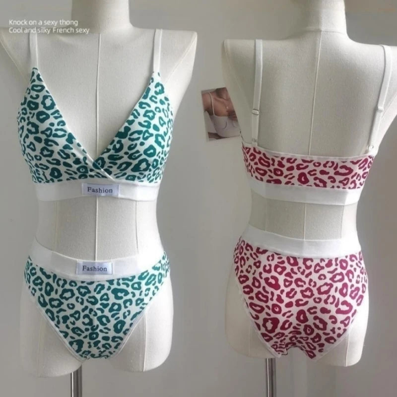 Women V-neck Bra And Panties Set Low Waist Panties Female Sexy Lingerie Set Leopard Print Cotton Bra Sport Underwear Set