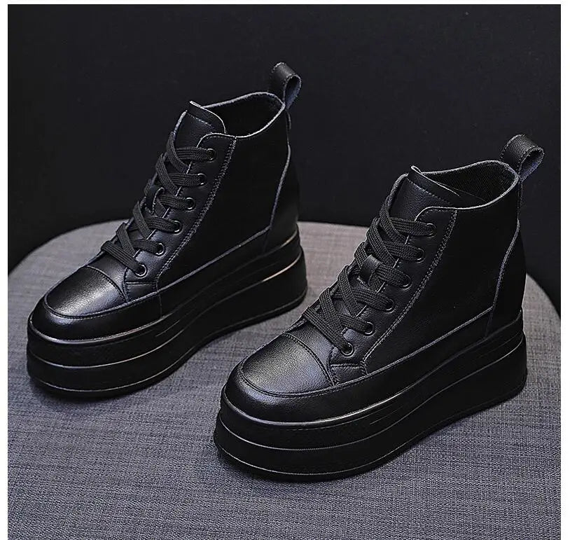 Women High Top Sneakers Platform Breathable Genuine Leather Shoes Spring Lady Wedges Casual Shoes For Woman Sports Dad Shoes 9CM