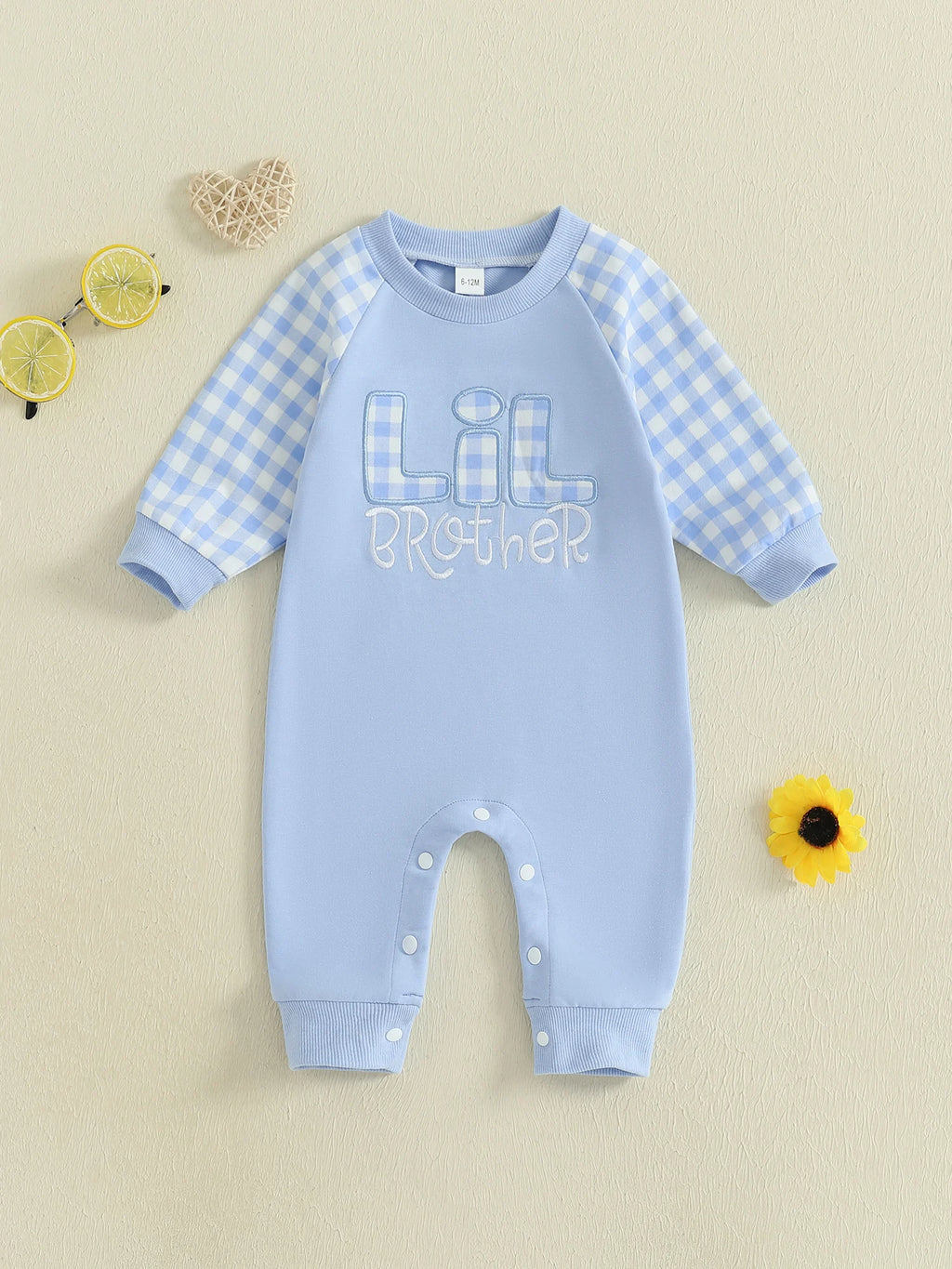 Baby Boy Fall Romper Plaid Print Letter Embroidery Long Sleeve Round Neck Full Length Jumpsuit