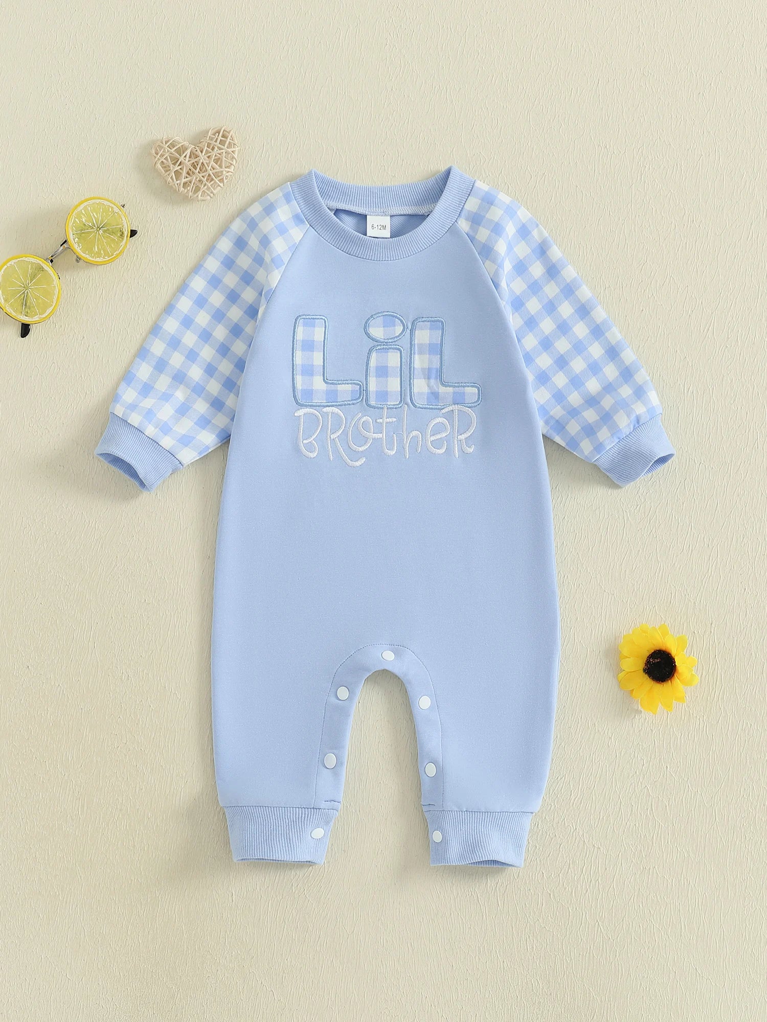 Baby Boy Fall Romper Plaid Print Letter Embroidery Long Sleeve Round Neck Full Length Jumpsuit