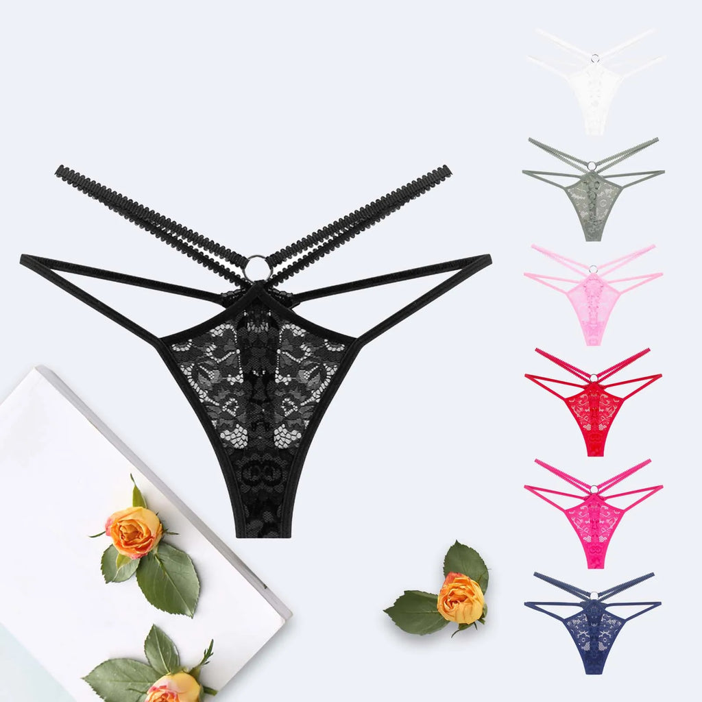 Women Strappy Hollow Briefs Underwear Ring Link Straps Low Rise Floral Lace Panties Ladies Translucent Sexy Underpants Lingerie