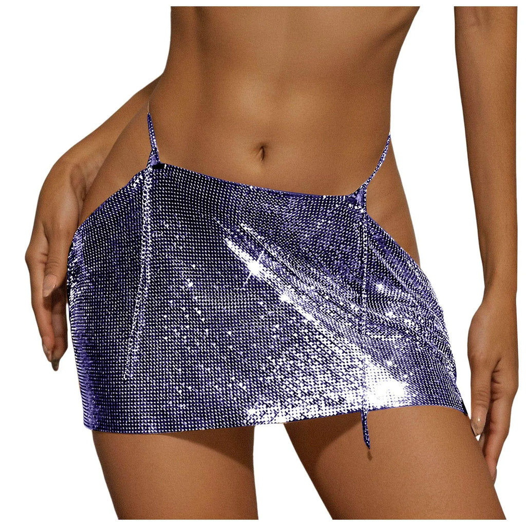Women Sparkly Sequins Mini Skirt Low Waist Metal Chains Waistband Glitter Skirts Sexy Miniskirt Nightclub Rave Party Clubwear
