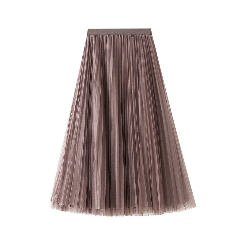 Luxury Velvet Pleated Skirts For Women 2024 Summer Fashion Women's High Waist Mesh Midi Skirt Female Elegant  Solid A-Line Skirt