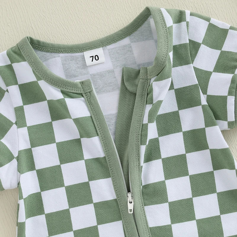 2025-02-06 Lioraitiin Baby Boys Summer Romper Checkerboard Print Short Sleeve Round Neck Zipper Front Jumpsuit