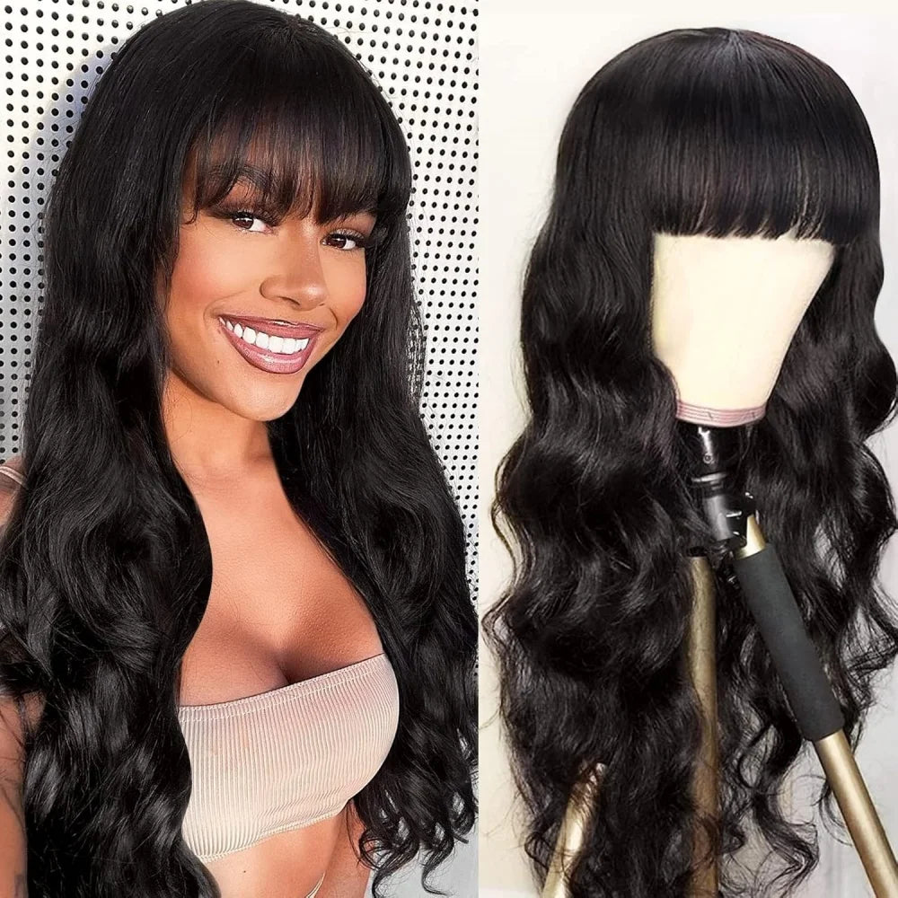 Body Wave Human Hair Wig with Bangs Middle Part 3x1 Lace Frontal Wig with Bangs Brazilian Human Hair Body Wave 34 Inch for Women