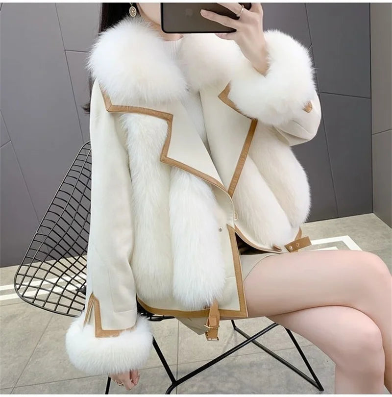 2025 Women Mid-Long Style Faux Fur Jacket Winter Female Pu Leather Splicing Fur Outwear Ladies Long Sleeve Thicken Warm Fur Coat