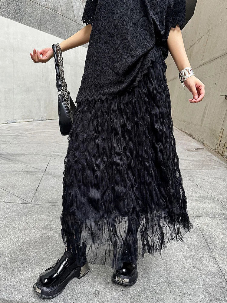 [EAM] High Elastic Waist Black Pleated Mesh Casual A-line Half-body Skirt Women Fashion Tide New Spring Autumn 2026  1DH5148
