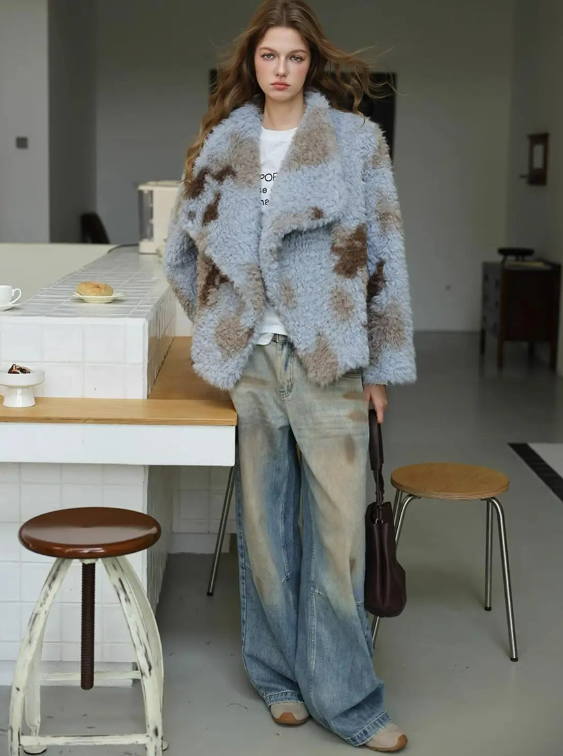 HIGH QUALITY Winter Large Lapel Curly Lamb Fur Coat Long sleeve Warm Shaggy Tie dye Gradient Faux Fur Jacket Loose Outerwear