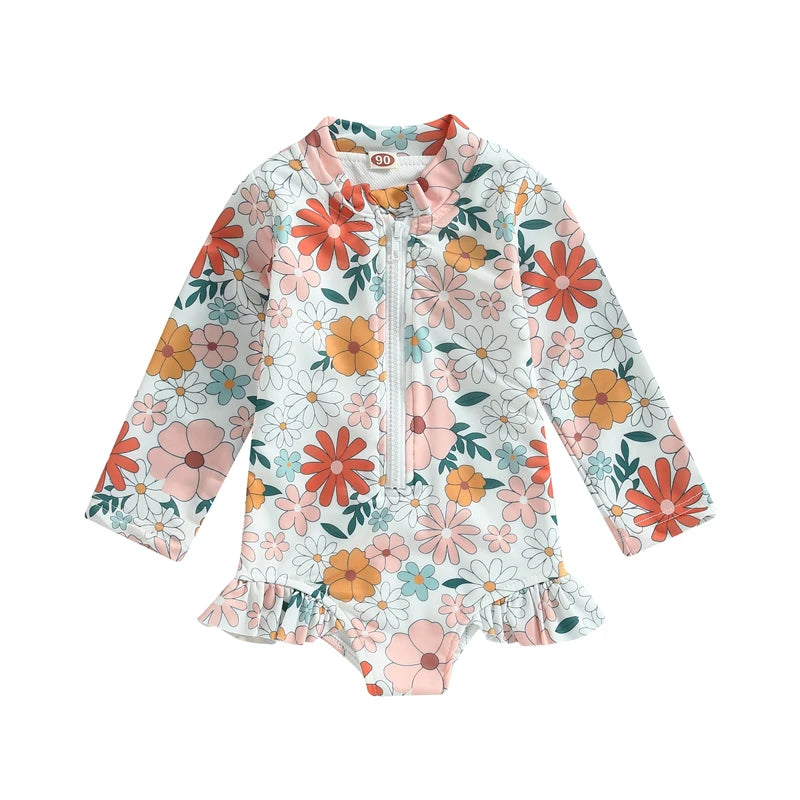 Lioraitiin Summer Kids Baby Girl Swimsuits Floral Long Sleeve Zipper Ruffles Jumpsuit Swimwear Beachwear Bathing Suits