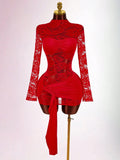 Red Lace Bodycon Mini Dress with Long Sleeves, Ruched Bust & Drawstring Hem for Party Night Club
