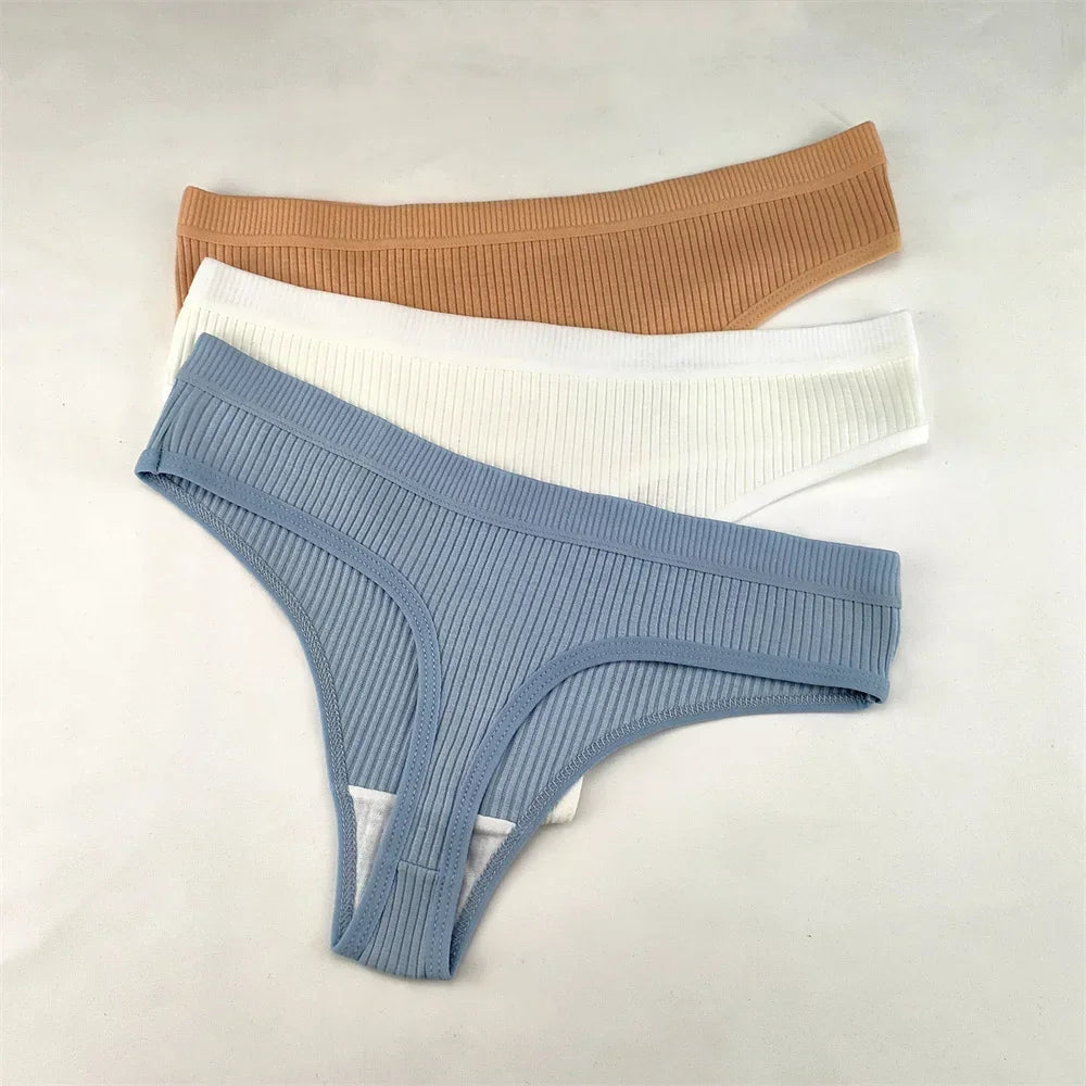 3Pcs/Set Women Thong G String Soft Ribbed Cotton Brazilian Panties Solid Color Low Rise Underwear Female Intimates Lingerie