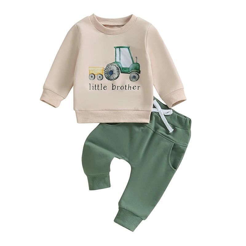2024-05-31 Lioraitiin Boys Autumn 2PCS Outfit Sets Long Sleeve O Neck Letter Tractor Print Tops Solid Color Pants Sets