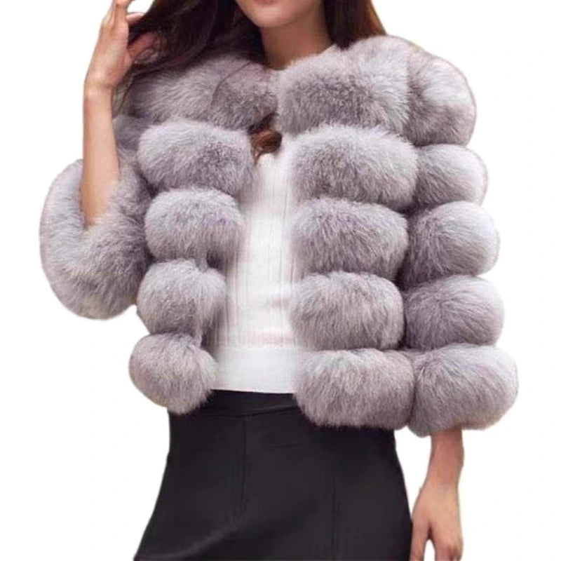 Women Faux Fox Fur Coats Zipper Short Coat Jackets Elegant Thick Warm Solid Jacket Lady Furry Outerwear Elegant Splice Winter